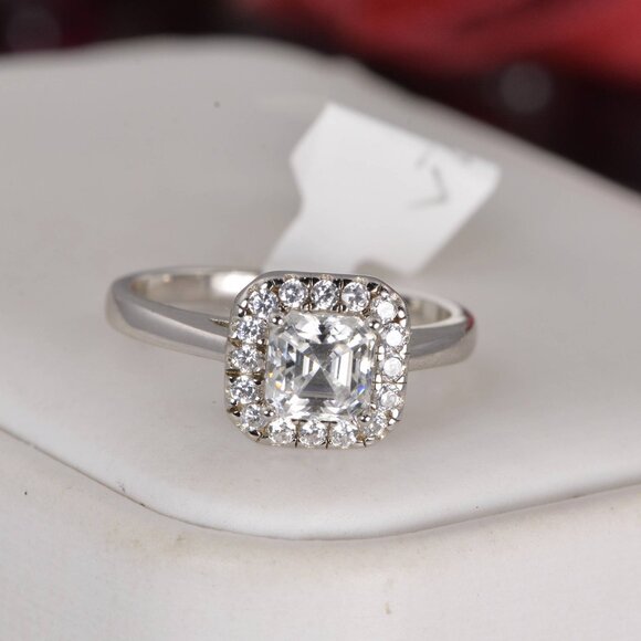 Certified 1.0 ct Halo Ascher Cut Moissanite Engagement Ring 925 Sterling - Picture 3 of 6